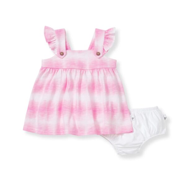 Pink baby dress with matching white bloomers.