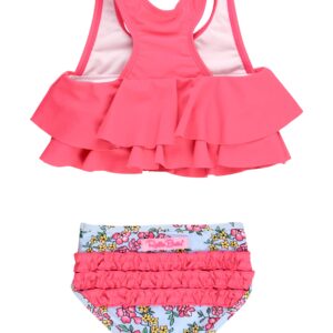 Pink ruffled toddler swimsuit with floral patterns