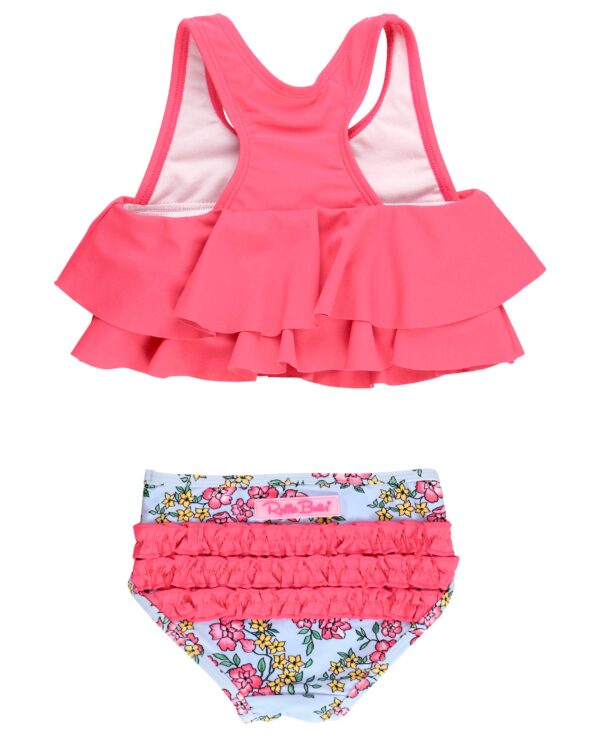 Pink ruffled toddler swimsuit with floral patterns