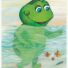 Cartoon frog walking in water with colorful fish.