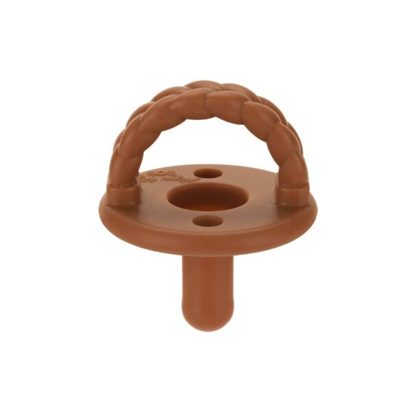 Brown braided handle pacifier for babies.