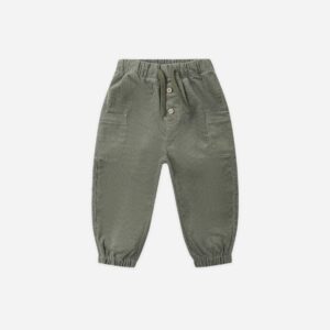 Green corduroy toddler pants with pockets and buttons.