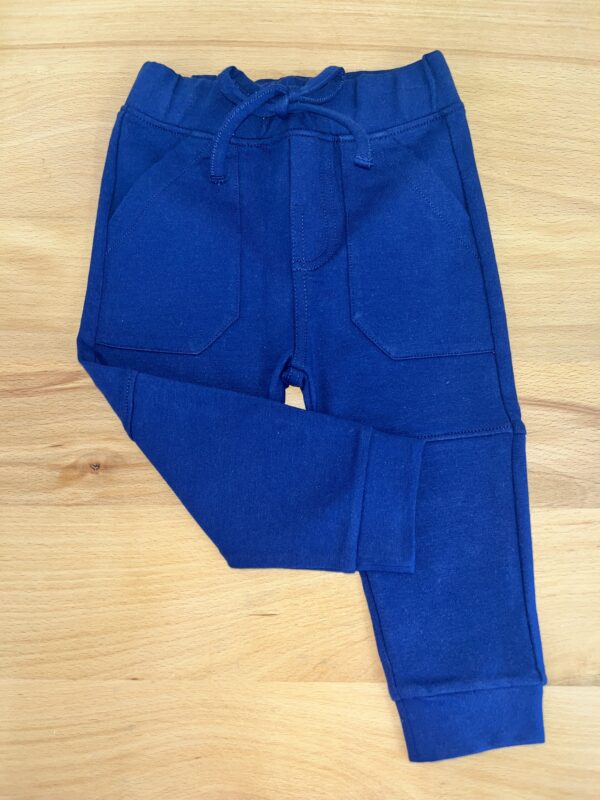Blue toddler pants on wooden surface.