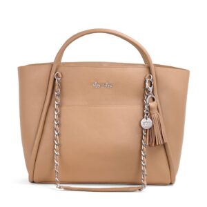 Tan handbag with chain strap and tassel detail.