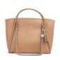 Tan handbag with chain strap and tassel detail.