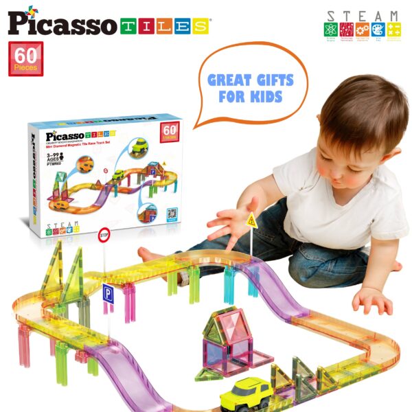 Child playing with colorful toy track set