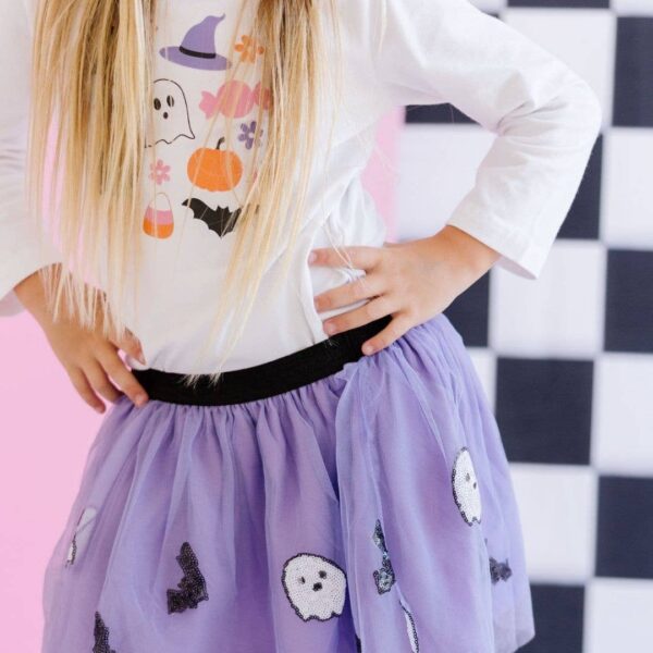 sweet wink ghost and bat sequin halloween tutu Child's Halloween-themed outfit with purple skirt.