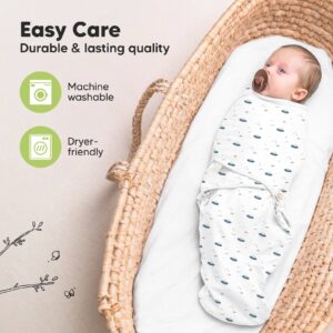 Baby in swaddle, machine washable, dryer-friendly.