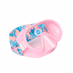 Pink snorkeling mask with colorful strap design.