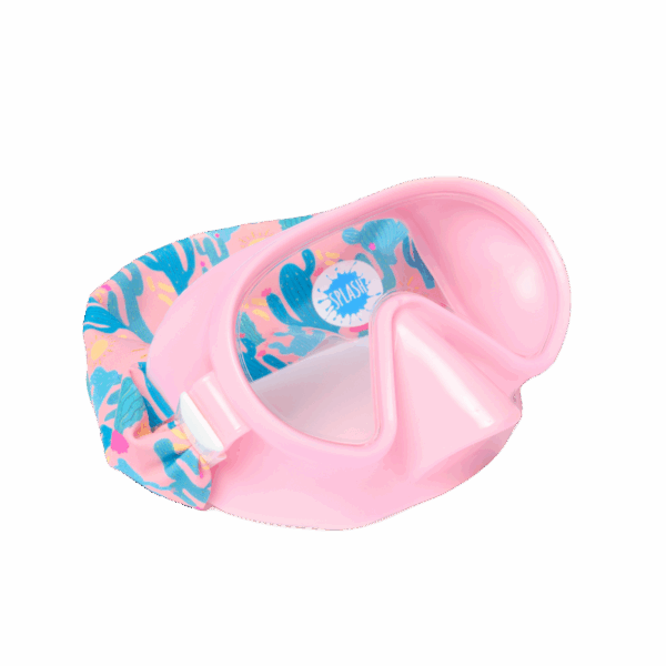 Pink snorkeling mask with colorful strap design.
