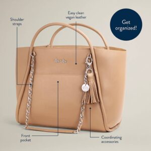 Tan tote bag with tassel and silver chain.