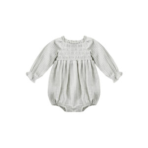 Gray plaid baby romper with smocked design.