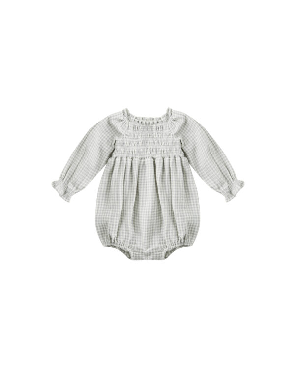 Gray plaid baby romper with smocked design.