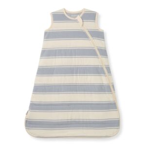 Striped baby sleeping bag with front zipper.