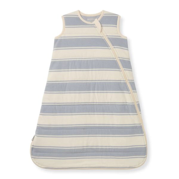 Striped baby sleeping bag with front zipper.