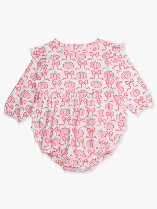 rufflebutts + ruggedbutts baby girls pink fairytale pumpkins knit long sleeve flutter bubble romper Pink pumpkin-patterned baby romper