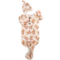 Baby outfit with teddy bear pattern and matching hat.