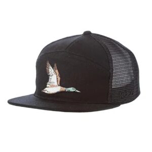 Black cap with embroidered flying duck design.