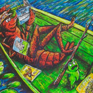 Lobster relaxes on boat with books and worms.