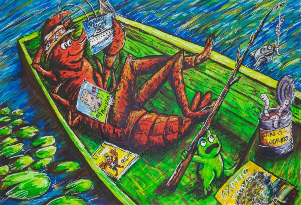 Lobster relaxes on boat with books and worms.