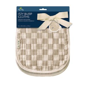 Checkered muslin burp cloths with tag and ribbon.