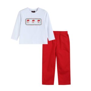 Santa-themed white top and red pants set