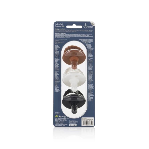 itzy ritzy sweetie soother™ silicone pacifier set of 3 coffee & cream: coffee & cream Suction hooks in three colors, packaged on card.