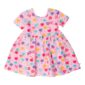 Pink dress with colorful heart patterns.
