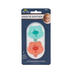 Sweetie Soother silicone pacifiers for newborns, teal and coral.