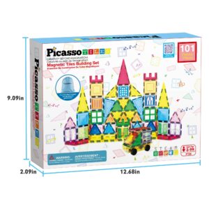 Magnetic tiles building set box with dimensions.