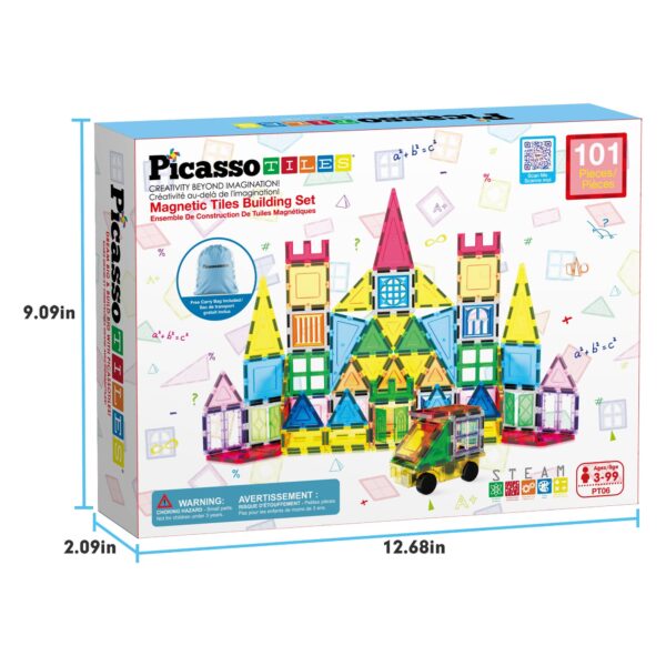 Magnetic tiles building set box with dimensions.