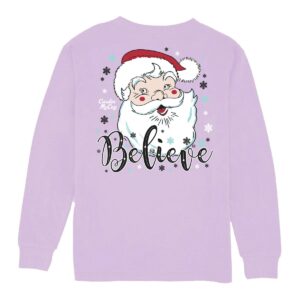 Lavender shirt with Santa face and 'Believe' text.