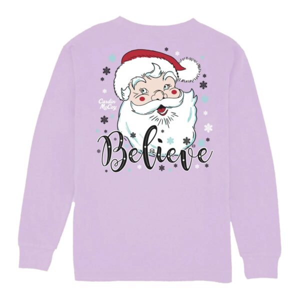 cardin mccoy santa believe long sleeve Lavender shirt with Santa face and 'Believe' text.