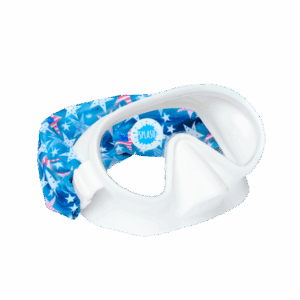 Colorful star-patterned swim goggles with clear lens.