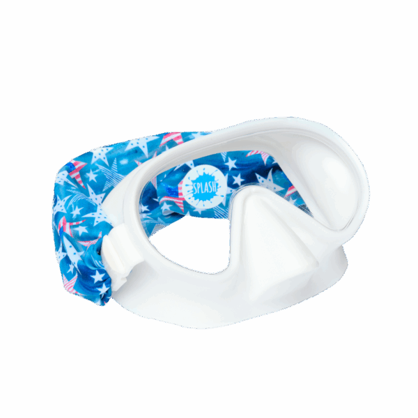 Colorful star-patterned swim goggles with clear lens.