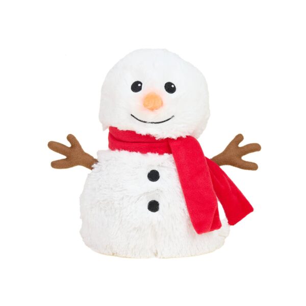 Plush snowman toy with red scarf and twig arms