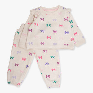 Kids' bow-patterned pajamas set, colorful design.