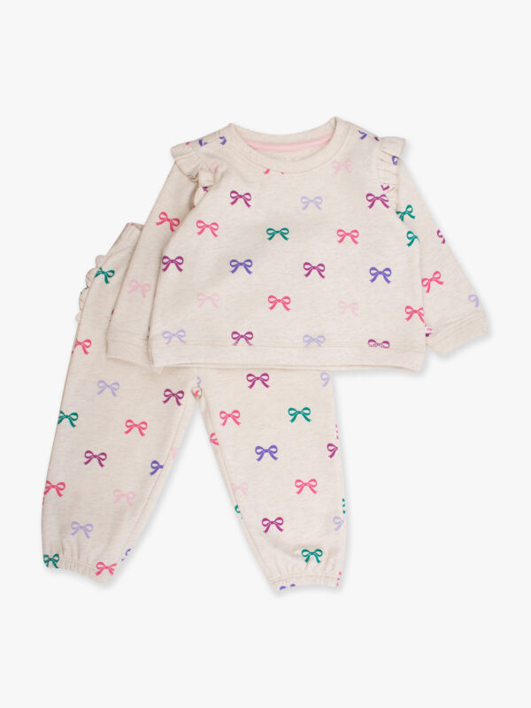 Kids' bow-patterned pajamas set, colorful design.