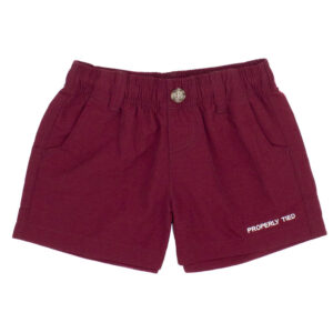 Maroon kids' shorts with pockets and elastic waistband.