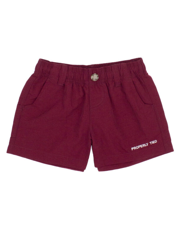 Maroon kids' shorts with pockets and elastic waistband.