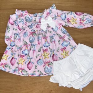 Pink baby dress with Christmas ornaments design.