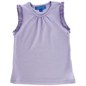 Purple sleeveless top with ruffled armholes.