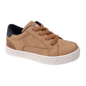 Tan sneaker with white sole and black interior