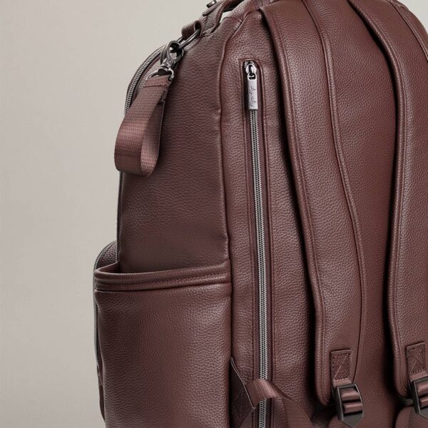 itzy ritzy *new* espresso boss plus™ Brown leather backpack with side pockets and zippers.