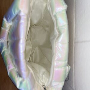 Open iridescent puffer bag on side view