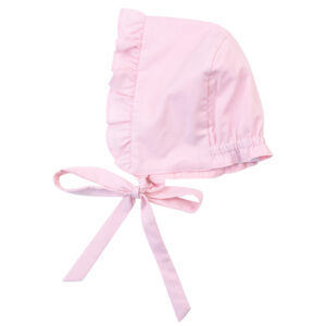 Pink baby bonnet with ruffled trim and ties.