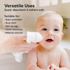 Baby in bath with versatile washcloth.