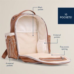 Brown diaper backpack with ten pockets and labels.