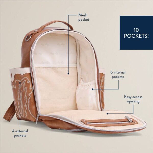 Brown diaper backpack with ten pockets and labels.