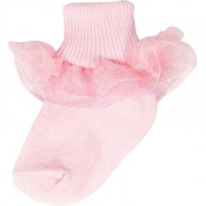 Pink baby sock with frilly lace trim.